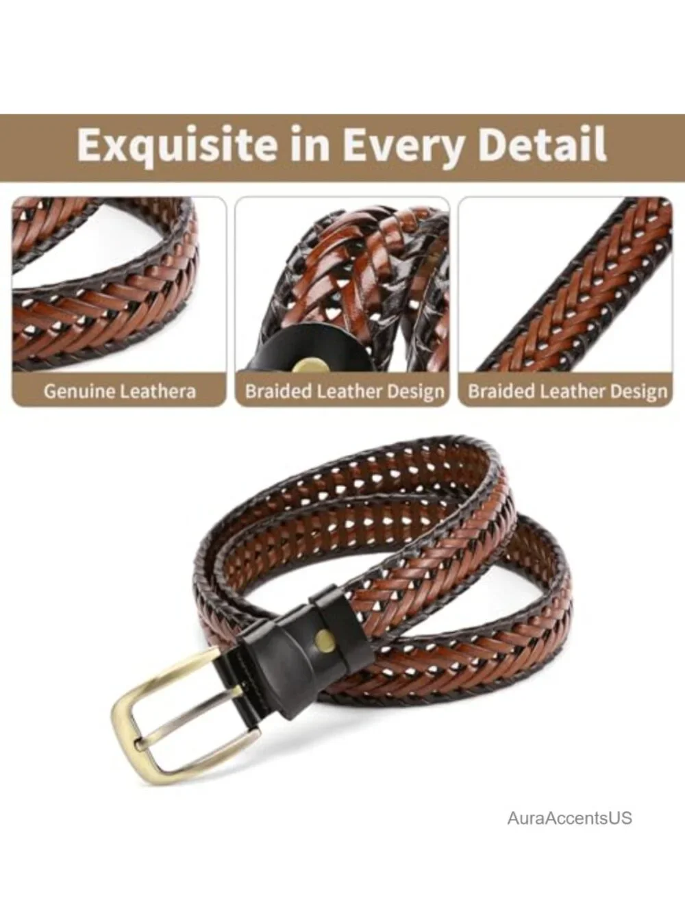 Braided Leather Belt for Men 1 3/8